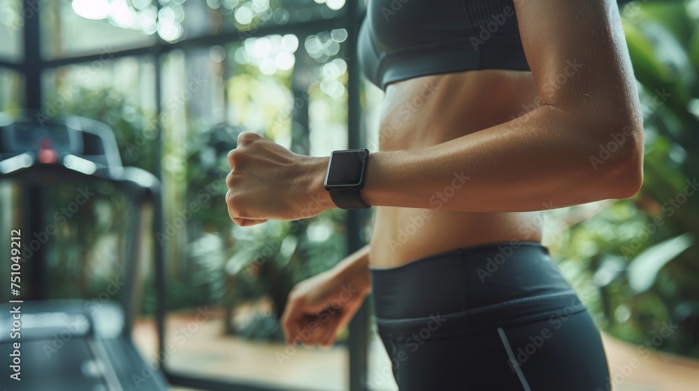 A person wearing a smart health tracker in gym, Fitness smartwatch in use, technology meets health A person wearing a smart health tracker in gym, Fitness smartwatch in use, technology meets health
