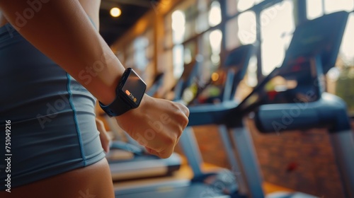 A person wearing a smart health tracker in gym, Fitness smartwatch in use, technology meets health