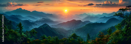 Sunset Landscape Green Mountains with Tropical J ,
A sunset over a valley with mountains and clouds.
