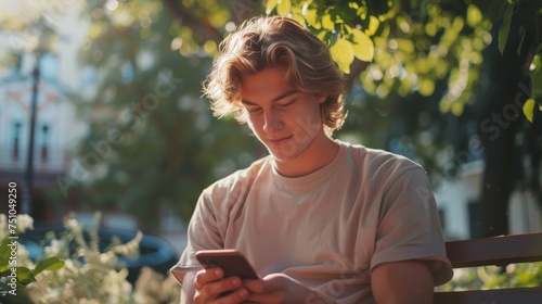 A man is sitting on a bench and looking at his cell phone