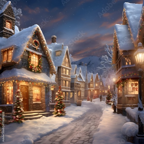 Winter village in the night. Christmas and New Year holidays concept.