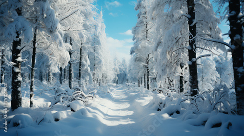 A snowy trail leads through a forest draped in winter's white blanket