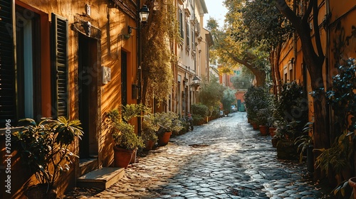 Cozy street in Trastevere, Rome, Europe. Created with generative AI.