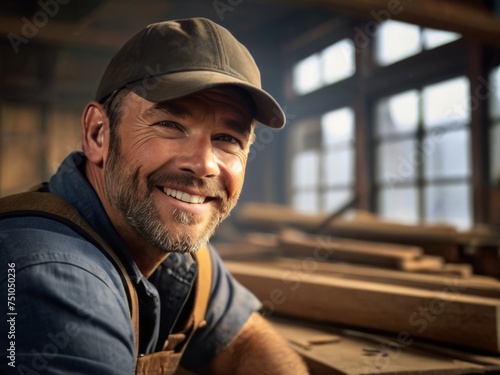 A closeup portrait of a handsome carpenter, his rugged features and warm smile 
