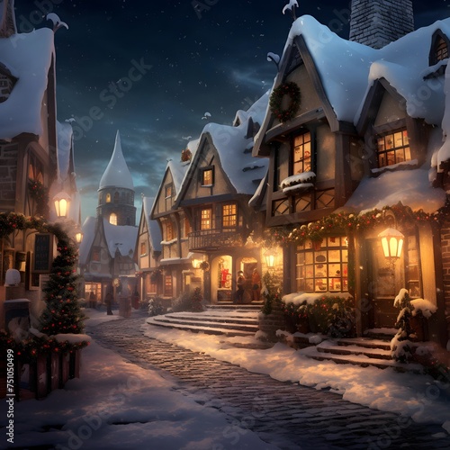 Winter night in a small town. Christmas and New Year holidays concept.