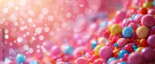 Dreamy, bokeh-effect backdrop with an assortment of glossy, multicolored candy spheres and sprinkles.