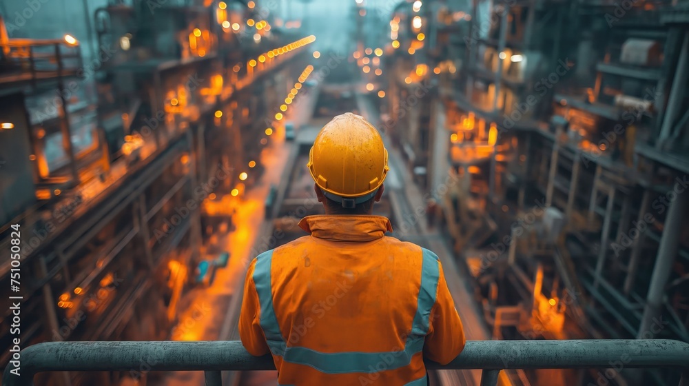 Fototapeta premium Engineer technician observing team of workers on high steel platform. Created with Generative AI.