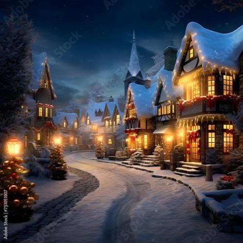 Winter village at night with Christmas trees and snowflakes. Illustration.