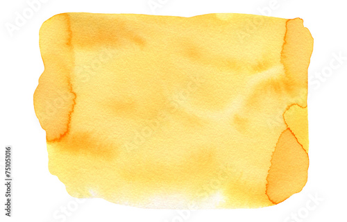 Bright textured watercolor yellow square shape. Vibrant light orange watercolour stain, abstract shiny summer blob for banner design, juice background