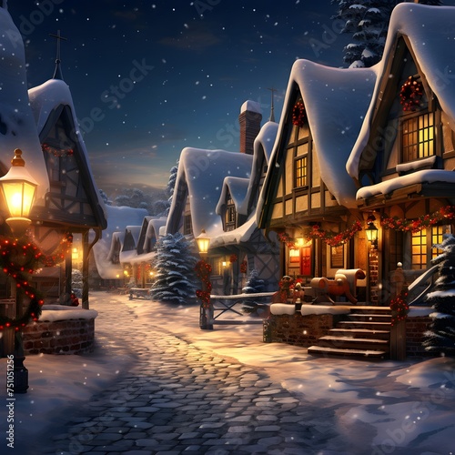 Winter night in the village. 3d illustration. Festive Christmas background.