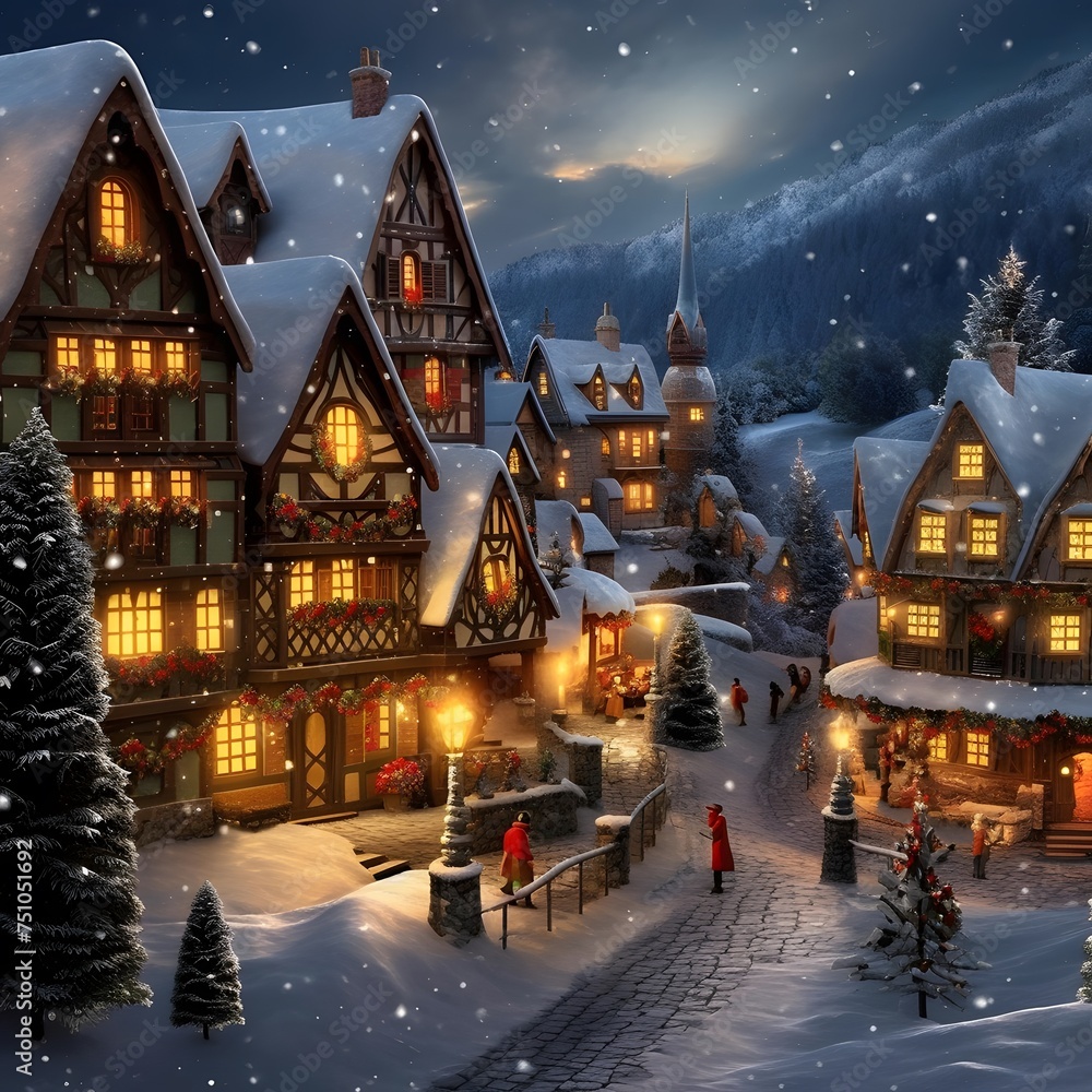 Christmas village in the mountains at night under snowfall. 3D rendering