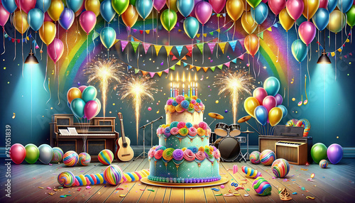 Happy birthday wallpapers greeting cards 3D happy birthday background, birthday cake illustration with candles Gifts for children and adults, Generative AI. 