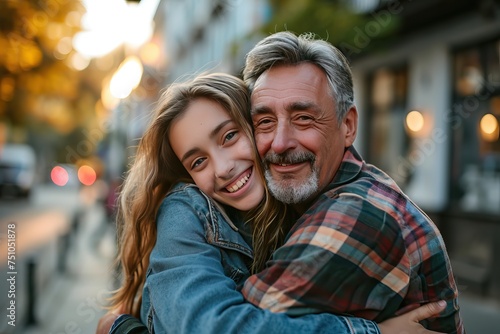 caucasian teenage daughter hugging her father outside in town when spending time together