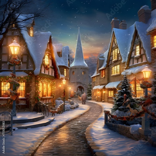 Winter night in the village. Christmas and New Year. Digital painting.