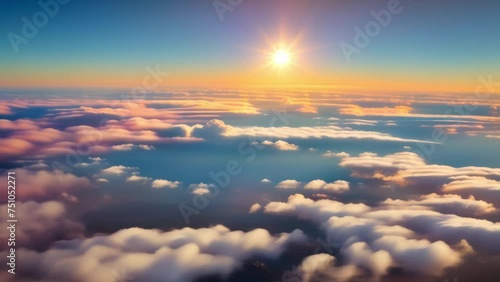 Mesmerizing dawn hues dance atop billowing clouds, a celestial canvas unfolds. Weather concept. Cinematic footage. Timelapse. Cloud background.
