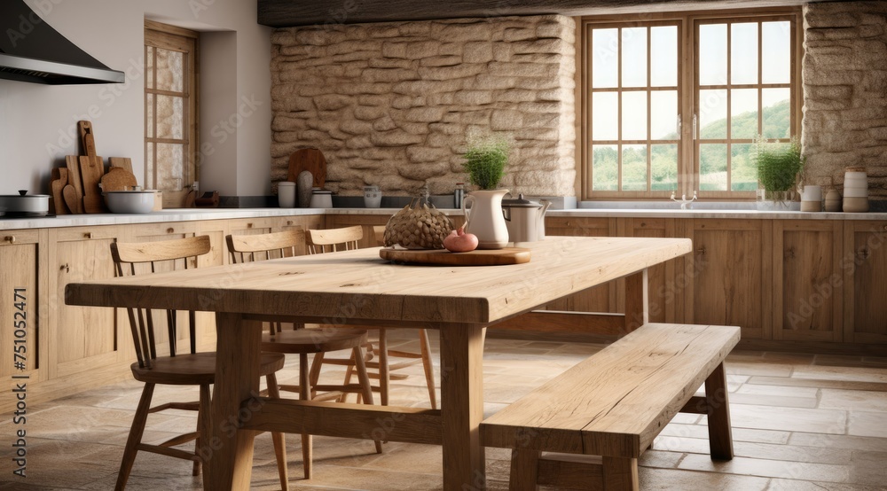 Wooden empty table top in modern kitchen, kitchen panel in interior. Scene showcase, banner