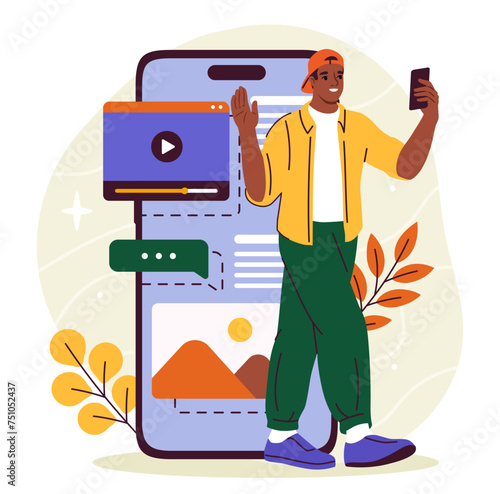 Content creation concept. Man with smartphone in hands near articles with text and pictures. Young guy with articles in social networks. Cartoon flat vector illustration isolated on white background