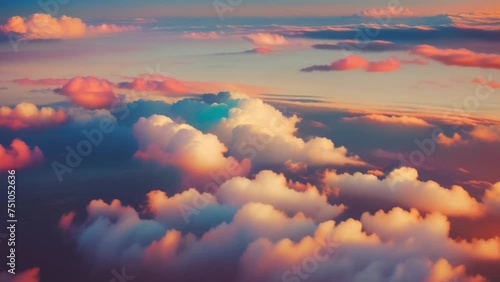 Above the clouds, dawn's palette unfolds, blending vibrant blues with wisps of golden light at sunrise. Wind concept. Stock footage. Timelapse. Sky background.
