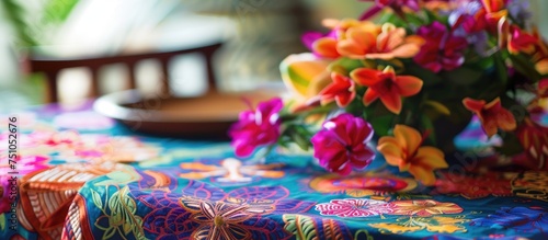 A colorful vase filled with a variety of flowers is placed on top of a table adorned with exquisite batik motif patterns. The vibrant blooms stand out against the intricate design of the tablecloth. © AkuAku