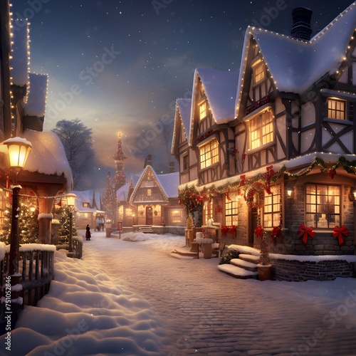 Winter village at night with snow covered houses and christmas trees.