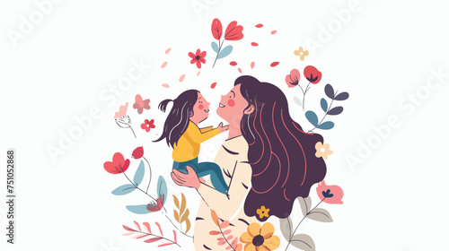 Mother lifting daughter with floral decoration isola