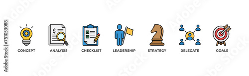 Planning banner web icon vector illustration concept with icon of concept, analysis, checklist, leadership, strategy, delegate and goals	