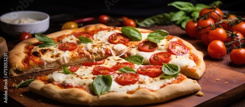 A freshly baked pizza topped with white cheese, tomatoes, and tomato sauce sits on a wooden cutting board.