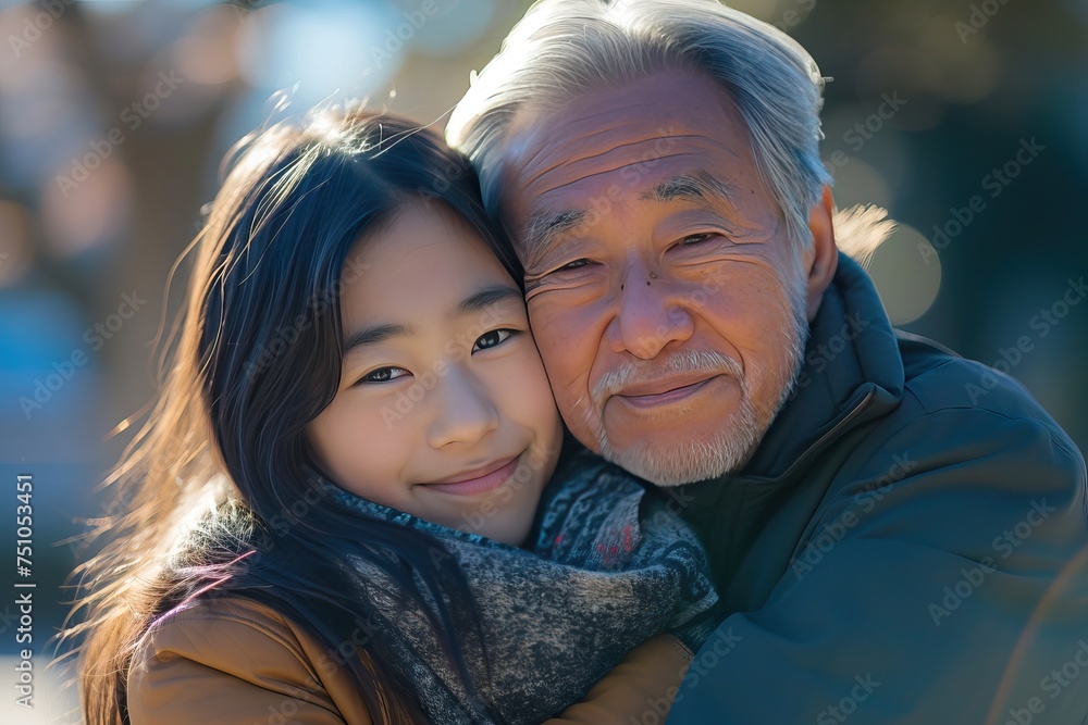 asian teenage daughter hugging her father outside in town when spending time together
