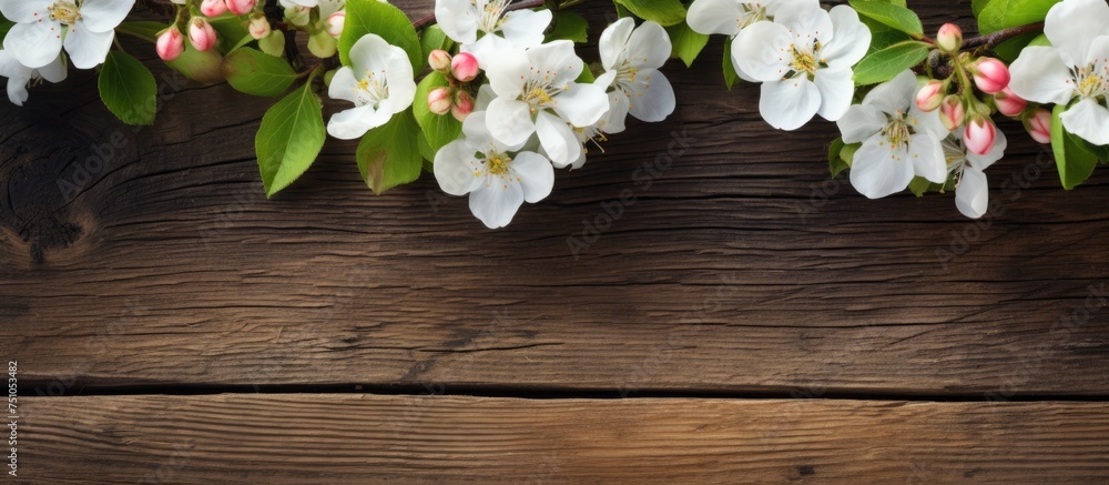 A cluster of pristine white apple blossoms sits elegantly on a rustic wooden surface, providing a simple yet striking visual contrast. The delicate flowers exude a sense of purity and freshness in A cluster of pristine white apple blossoms sits elegantly on a rustic wooden surface, providing a simple yet striking visual contrast. The delicate flowers exude a sense of purity and freshness in