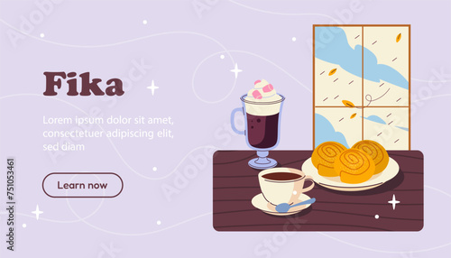 Fika time poster. Table with tea and croissants. Hot drink with pastry and bakery indoor. Landing webpage design. Cartoon flat vector illustration isolated on violet background