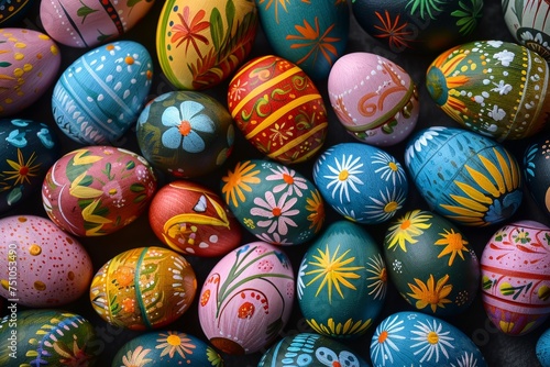 Easter eggs with detailed floral designs and speckles set against springtime backgrounds of grass and flowers, embodying the festive spirit of the season