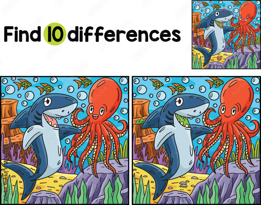 Shark and Octopus Find The Differences Stock Vector | Adobe Stock