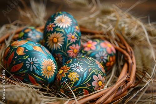 Easter eggs with detailed floral designs and speckles set against springtime backgrounds of grass and flowers, embodying the festive spirit of the season