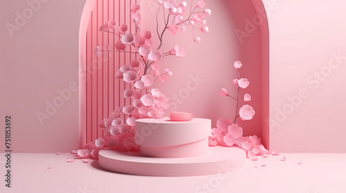 pink podium display. Sakura pink flower falling. Cosmetic or beauty product promotion step floral, pastel pedestal.