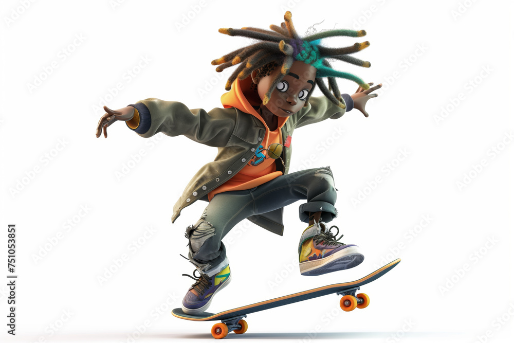 Obraz premium Cartoon skater with long dreadlocks