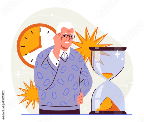 Getting older man concept. Elderly person stands in glasses near hourglass. Pensioner with moving of time. Dementia and alzheimer. Cartoon flat vector illustration isolated on white background
