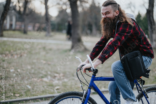 Joyful hipster with a long beard rides his bicycle through a serene park  embracing a relaxed outdoor lifestyle.