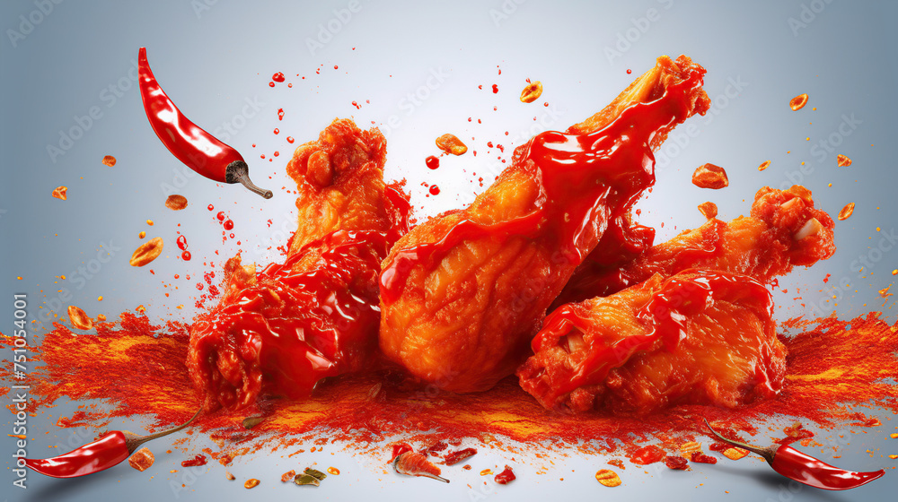 Fried Chicken with red chili splashing - obrazy, fototapety, plakaty 