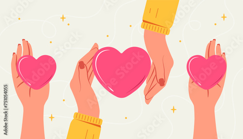 Hands holding hearts set. Metaphor of love and kindness. Volunteers and activists. Charity and generosity. Poster or banner. Cartoon flat vector collection isolated on white background