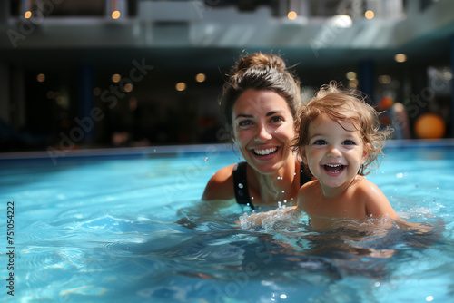 happy baby learns to swim with woman instructor in swimming pool