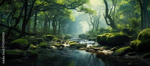 A stream winds its way through a dense, vibrant green forest, creating a vibrant and dynamic scene. Lush vegetation surrounds the stream, adding to the richness of the natural ecosystem.