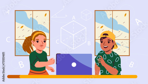 Modern education methodic concept. Boy and girl standing near laptop. Innovations in school. Learning and training. Children studying geometry at computer. Cartoon flat vector illustration