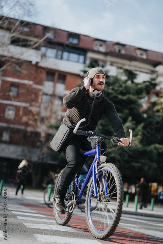 Stylish man multitasking with smart phone and headphones on a bike ride in an urban setting.