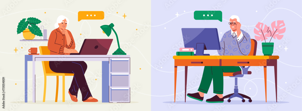 Old people communicate online concept. Elderly man and woman sitting near computer monitor. Pensioners with video call or conference. Distant and remote communication. Cartoon flat vector illustration