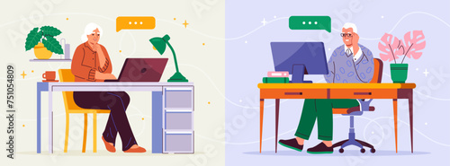 Old people communicate online concept. Elderly man and woman sitting near computer monitor. Pensioners with video call or conference. Distant and remote communication. Cartoon flat vector illustration