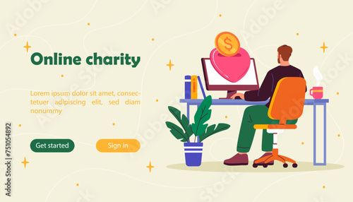 Online charity poster. Man at chair sitting near computer monitor. Young guy with kindness and generosity. Charitable foundation. Landing webpage design. Cartoon flat vector illustration