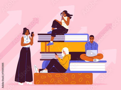 People reading books concept. Love for literature and reading. Intellectal hopbby and leisure. Education and learning. Students with textbook and fiction. Cartoon flat vector illustration