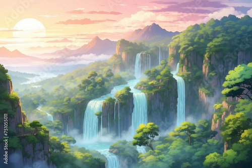 Aerial view of lush trees and waterfalls at sunrise on a foggy morning. In anime style