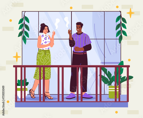 People smoke at balcony. Man and woman stands near apartment. Bad habits and unhealthy living. Couple with cigarettes. Cartoon flat vector illustration isolated on beige background