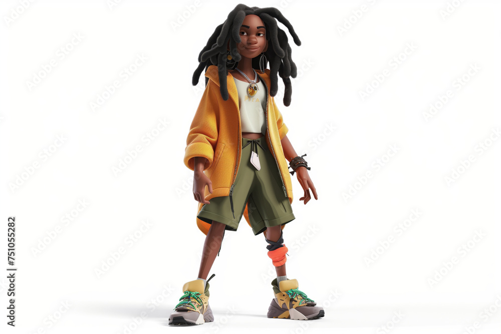 Cartoon character with long dreadlocks, fashionably dressed Cartoon character with long dreadlocks, fashionably dressed
